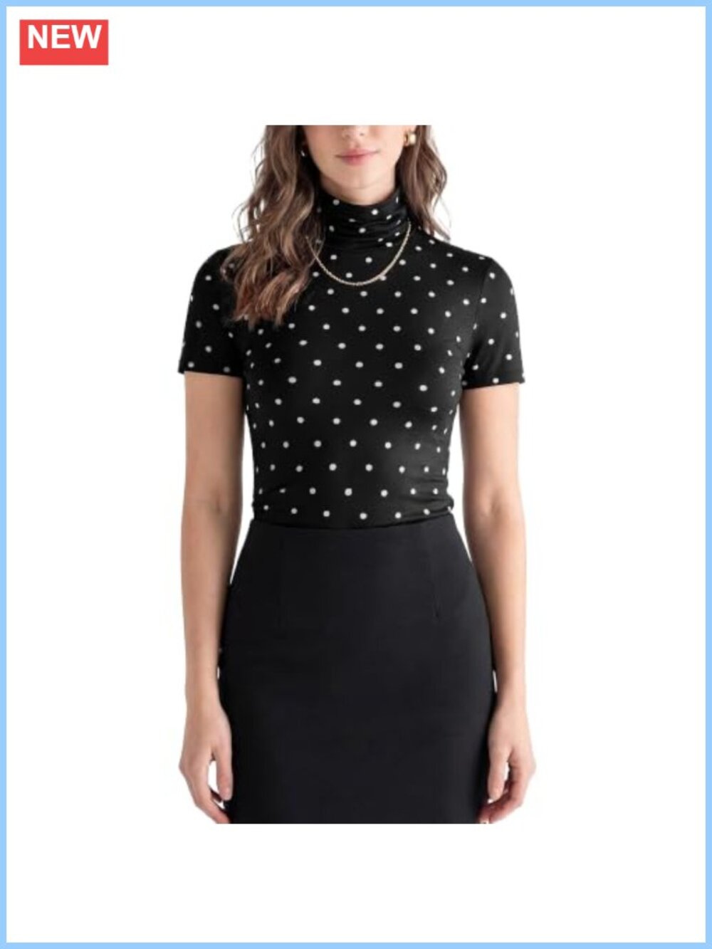 Short Sleeve Turtleneck Polka Dot Fitted T-Shirt